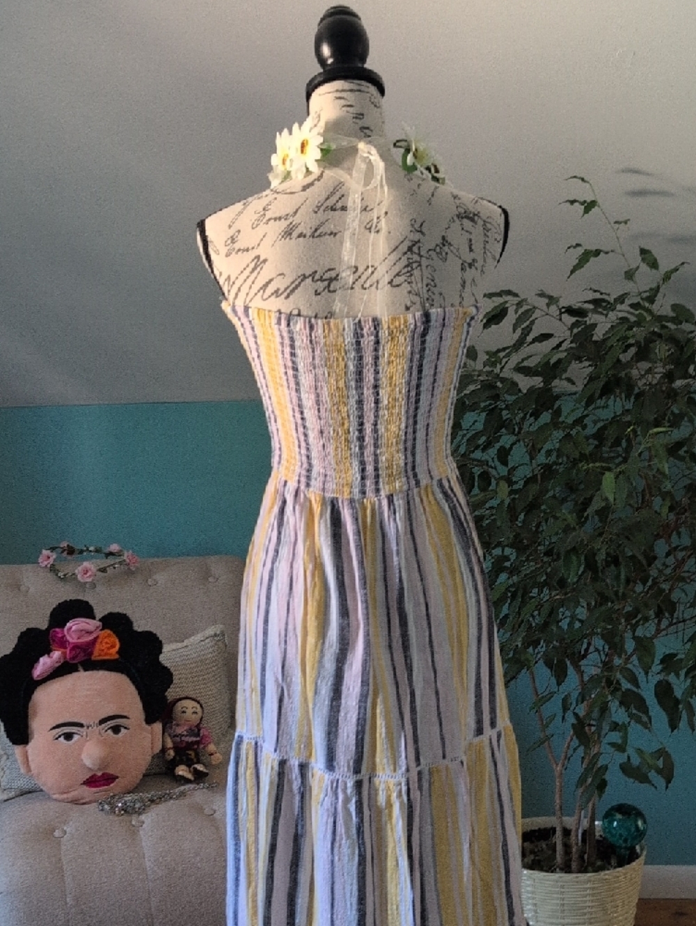 blue island Striped Yellow, Cream & Blue Button-Front Maxi Dress🧚 - Picture 11 of 15